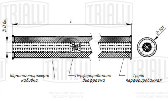 Глушитель универсальный (круглый) D=101 с перфорированным диффузором L=330, d=42 (алюминизированная сталь)
