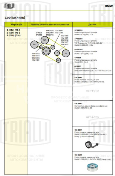 Ролик приводного ремня для автомобилей BMW  X5 E53 (99-)/X5 (E70) (06-)/X3 (04-) 2.0d/2.5d/3.0d [M57N] (натяжной ролик с кронштейном) генератора, ремень 6PK