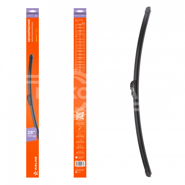 Щетка стеклоочистителя 700мм (28&quot;) бескаркасная, 1 адаптер (Hook 9x3, 9x4 mm - Крючок 9x3, 9x4 мм)