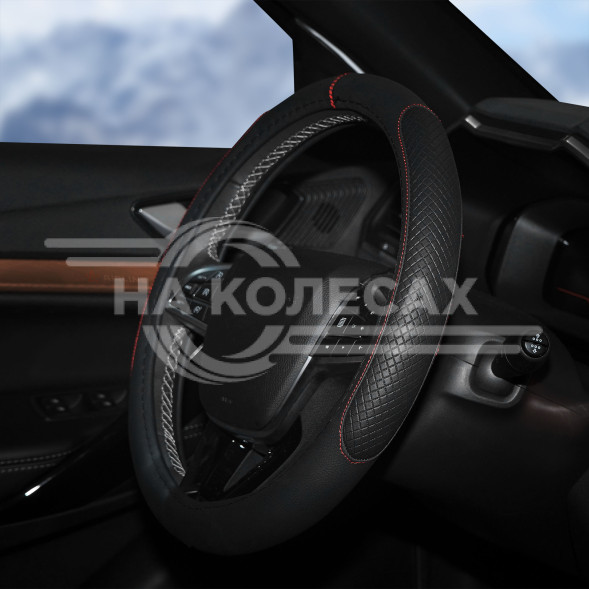Оплетка на руль, искусст. кожа, с тиснением ромб , черная, красн. прошивка, 38 см/М