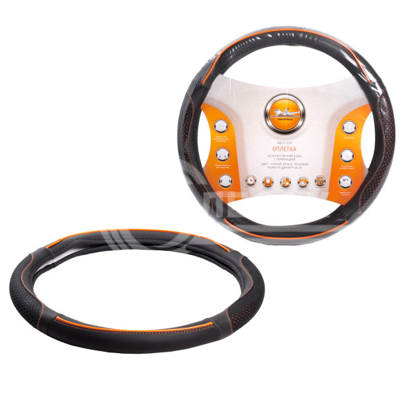 Оплетка на руль, искусст. кожа  с перф., черная, оранж. прошивка, 38 см/М