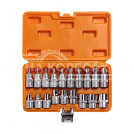 Набор головок 1/2&quot; DR TORX E10-E24 и головок со вставками TORX T20-T70 длиной 55мм 19 предметов в кейсе