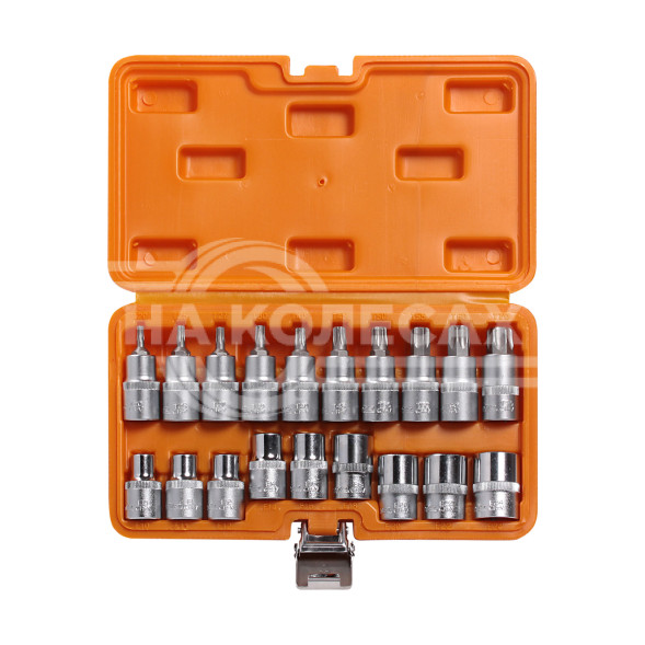 Набор головок 1/2&quot; DR TORX E10-E24 и головок со вставками TORX T20-T70 длиной 55мм 19 предметов в кейсе
