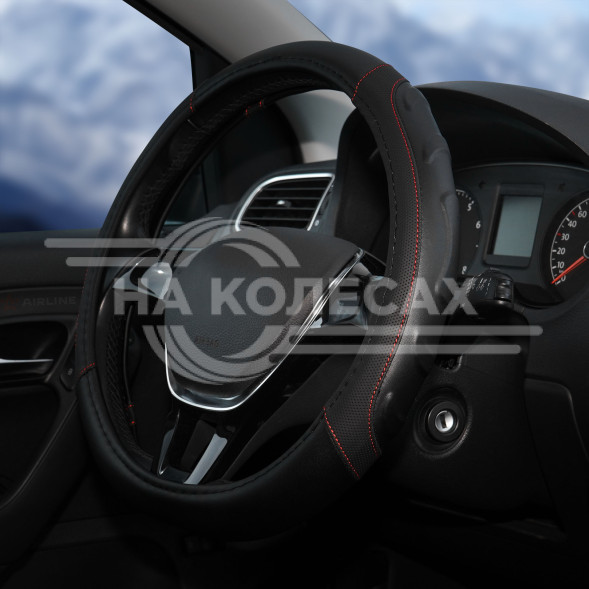 Оплетка на руль, искусст. кожа, рельефная, черная, красн. прошивка, 38 см/М