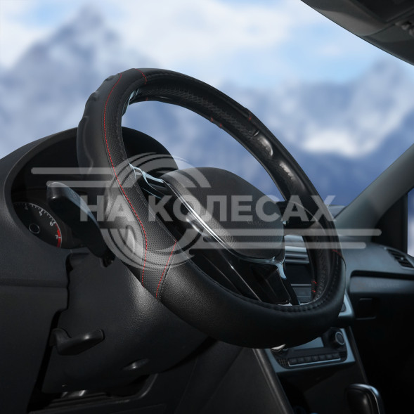 Оплетка на руль, искусст. кожа, рельефная, черная, красн. прошивка, 38 см/М