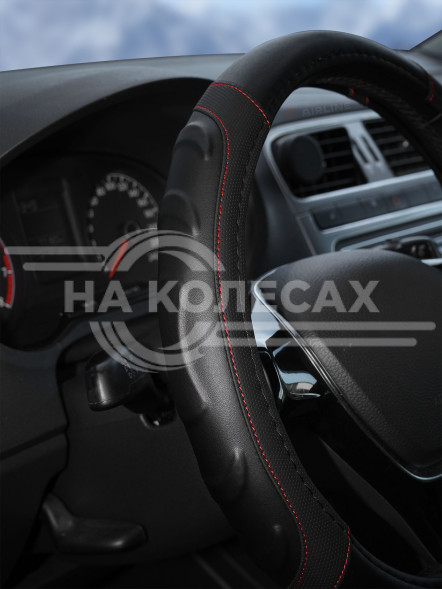 Оплетка на руль, искусст. кожа, рельефная, черная, красн. прошивка, 38 см/М