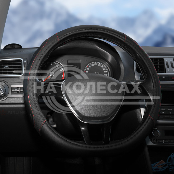 Оплетка на руль, искусст. кожа, рельефная, черная, красн. прошивка, 38 см/М