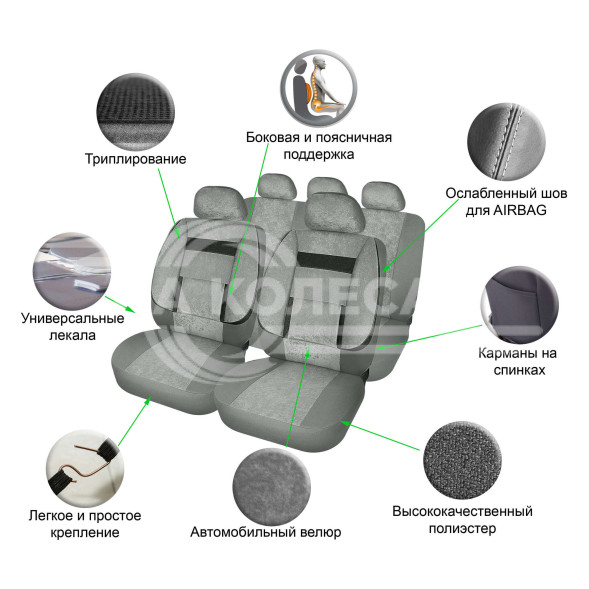 Чехлы для сидений универсальные &quot;MONRO&quot;, 11 пред., повыш. комфорт, велюр, темно-сер.