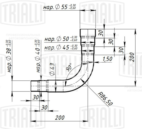 Труба с гибом развальцованная d=43, угол 90 (алюминизированная сталь)