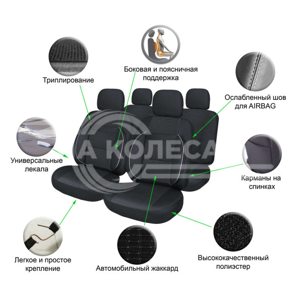 Чехлы для сидений универсальные &quot;MONRO&quot;, 11 пред., повыш. комфорт, жаккард, черн.