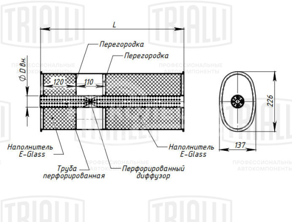Глушитель универсальный (овальный) 131х221 с перфорированным диффузором L=540, d=50 (алюминизированная сталь)