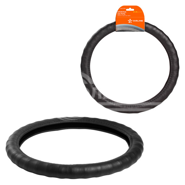 Оплетка на руль, гладкая кожа, ребристая, черная, 37-39 см/М