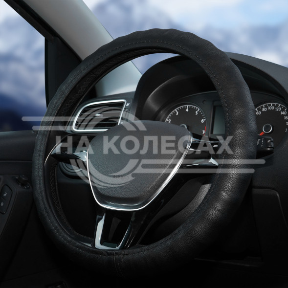 Оплетка на руль, гладкая кожа, ребристая, черная, 37-39 см/М