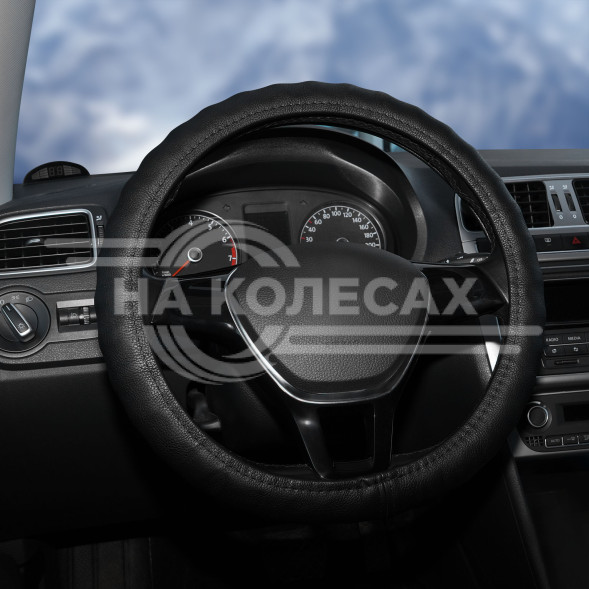 Оплетка на руль, гладкая кожа, ребристая, черная, 37-39 см/М