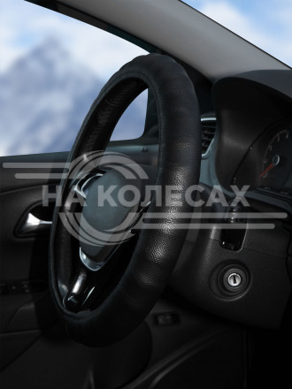 Оплетка на руль, гладкая кожа, ребристая, черная, 37-39 см/М