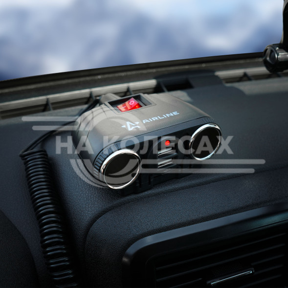 Разветвитель прикуривателя 2 гнезда 8А + 2USB с витым шнуром, штекер-фиксатор