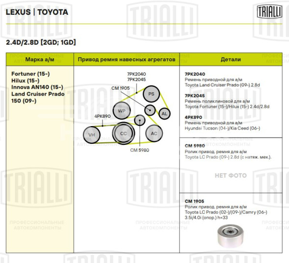 Ролик приводного ремня для автомобилей Toyota Camry (06-)/Land Cruiser Prado (02-)/Land Cruiser Prado (09-)/Highlander (08-) 2.7i/2.8d/3.5i/4.0i [TR; RZ; GD; GR] (опорный) h=33 (CM 1905)