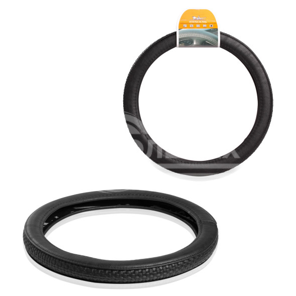 Оплетка на руль комбинированная, гладкая/рельфная кожа, черная, 37-39 см/М