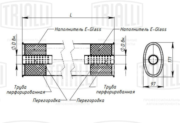 Глушитель универсальный (овальный) 97х171, L=400, d=42 (алюминизированная сталь)