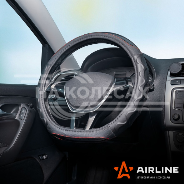 Оплетка на руль, экокожа, D-образная форма, рельеф, текстура карбон, черная, 38 см/M