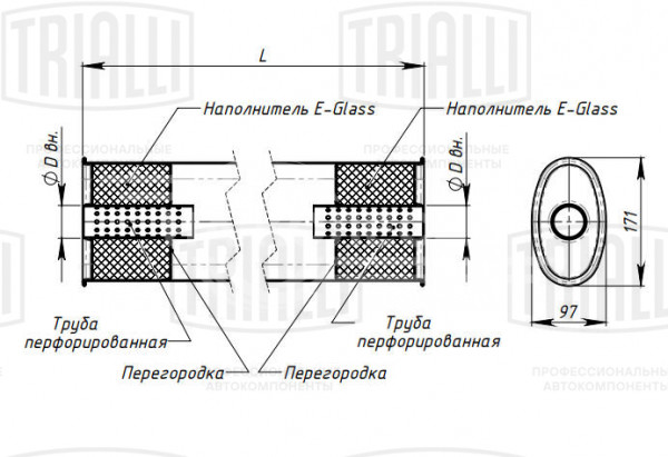 Глушитель универсальный (овальный) 97х171, L=400, d=50 (алюминизированная сталь)