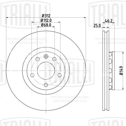 Диск тормозной для автомобилей Audi A4 (00-) / A6 (97-) / VW Passat (96-) передний d=312