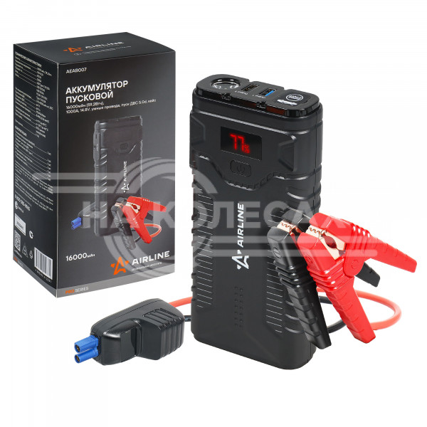 Аккумулятор пусковой (Booster) 16000мАч, 1000А, 14.8V, умные провода, пуск ДВС 5.0d, кейс