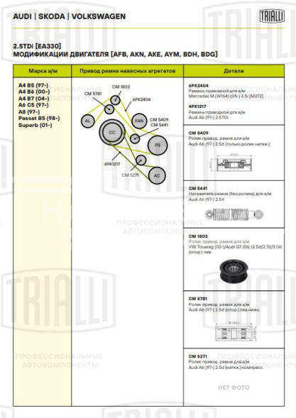 Ролик приводного ремня для автомобилей Audi A6 (97-) 2.5d (только ролик натяжителя)
