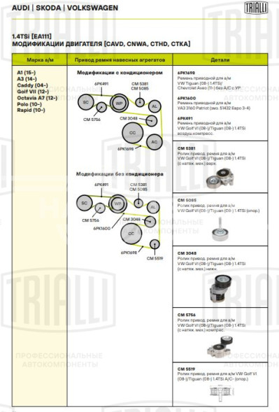 Ролик приводного ремня для автомобилей VW Golf VI (08-)/Tiguan (08-) 1.4TSi (с натяжным механизмом) нижний