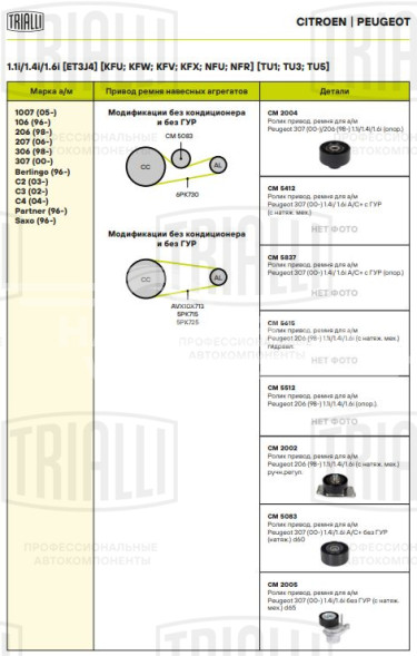 Ролик приводного ремня для автомобилей Peugeot 206 (98-) 1.1i/1.4i/1.6i (с натяжным механизмом) ручная регулировка
