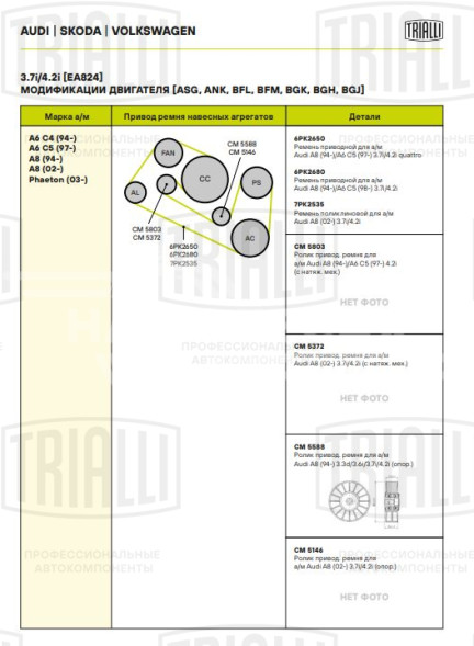 Ролик приводного ремня для автомобилей Audi A8 (94-) 3.3d/3.6i/3.7i/4.2i (опорный)