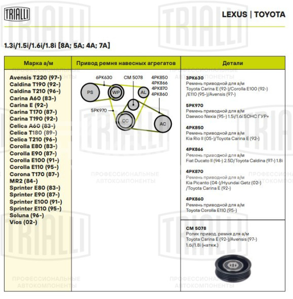 Ролик приводного ремня для автомобилей Toyota Carina E (92-)/Avensis (97-) 1.5i/1.6i/1.8i [A]/[E] (натяжной ролик кондиционера) (CM 5078)