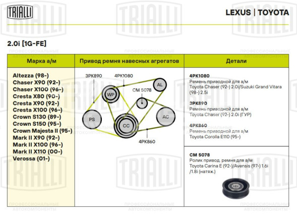 Ролик приводного ремня для автомобилей Toyota Carina E (92-)/Avensis (97-) 1.5i/1.6i/1.8i [A]/[E] (натяжной ролик кондиционера) (CM 5078)