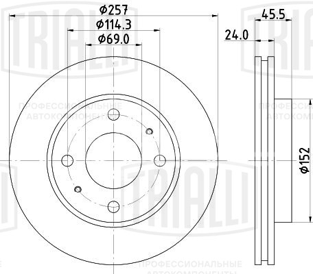 Диск тормозной для автомобилей Hyundai Elantra (00-)/Matrix (01-) передний d=257
