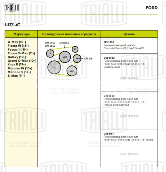 Ролик приводного ремня для автомобилей Ford Focus III (11-)/Kuga (13-) 1.5T/1.6T (только ролик натяжителя)