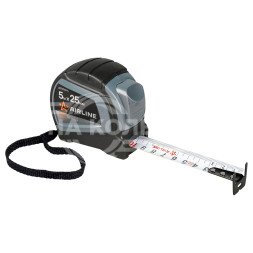 Рулетка в прорезиненном корпусе 5мх25мм PRO, автостоп, дв. зацеп, дв. шкала