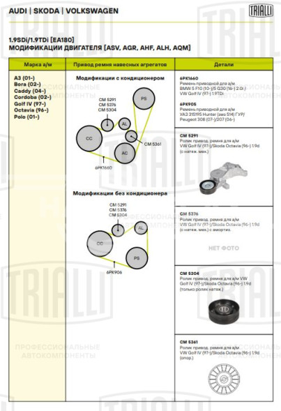 Ролик привод. ремня для автомобилей VW Golf IV (97-)/Skoda Octavia (96-) 1.9d (с натяж. мех.) (CM 5291)