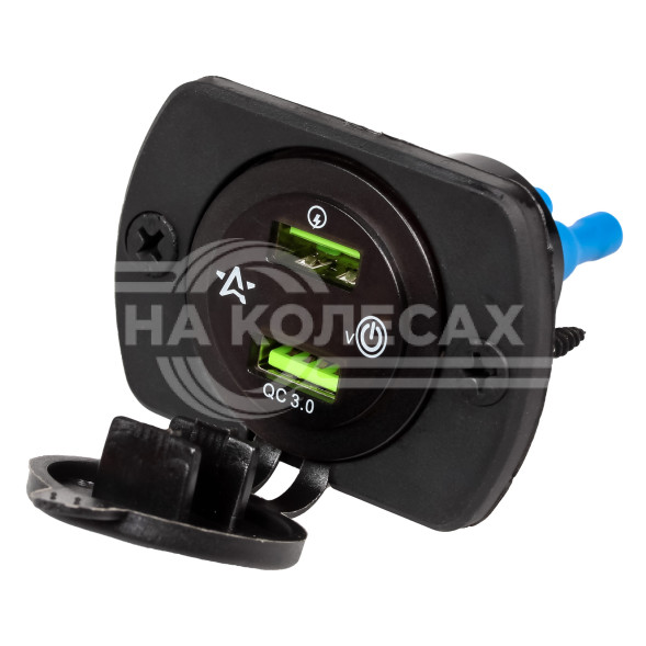 Розетка USB встраиваемая влагозащ. с 2 портами и вольтметр. (вкл/выкл) (5В, QC3.0+QC3.0)