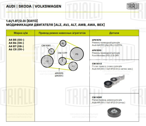 Ролик приводного ремня для автомобилей Audi A4 (00-) 1.6i/1.8T/2.0i (опорный)