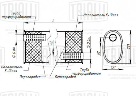 Глушитель универсальный (овальный) 131х221, L=380, d=50, смещение 62 мм (алюминизированная сталь)