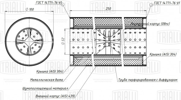 Пламегаситель универсальный 100/250-50 с перфорированным диффузором (нержавеющая сталь)