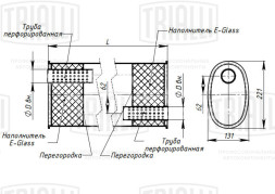 Глушитель универсальный (овальный) 131х221, L=485, d=42, смещение 62 мм (алюминизированная сталь)