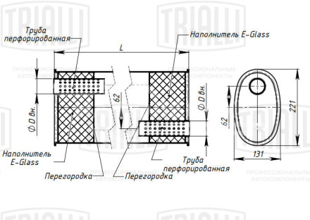 Глушитель универсальный (овальный) 131х221, L=485, d=42, смещение 62 мм (алюминизированная сталь)