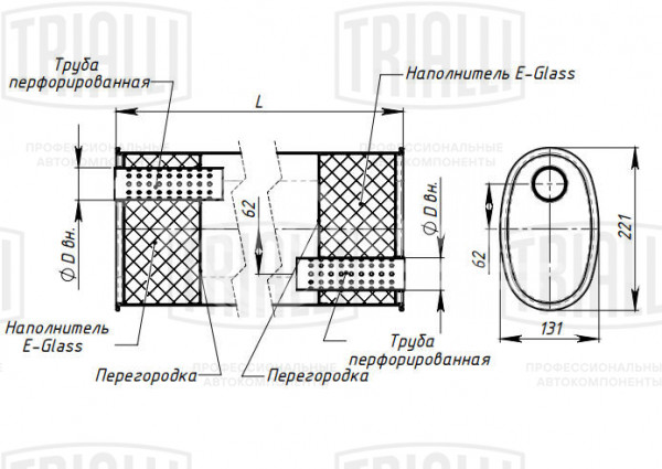 Глушитель универсальный (овальный) 131х221, L=485, d=50, смещение 62 мм (алюминизированная сталь)