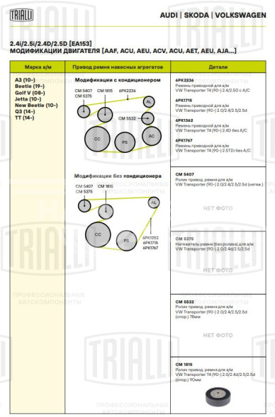 Ролик приводного ремня для автомобилей VW Transporter T4 (90-) 2.0/2.4d/2.5/2.5d (опорный) d90мм