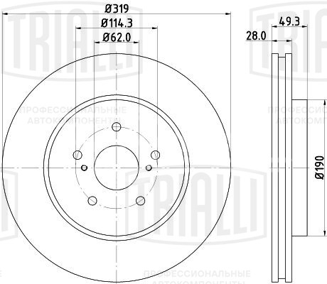 Диск тормозной передний для автомобилей Lexus RX (03-) / Toyota Harrier (03-) d=319 окрашенный