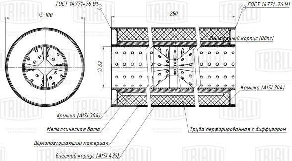 Пламегаситель универсальный 100/250-60 с перфорированным диффузором (нержавеющая сталь)