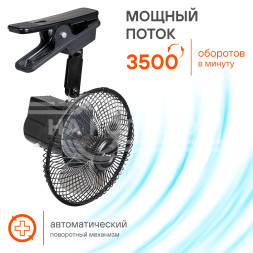 Вентилятор в салон 15см с автоповоротом на прищепке металл 12В