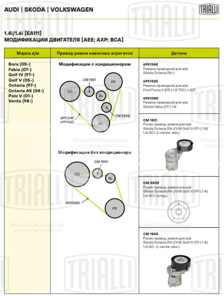 Ролик приводного ремня для автомобилей Skoda Octavia (96-)/VW Golf IV (97-) 1.4i/1.6i AC- (с натяжным механизмом)  h=26