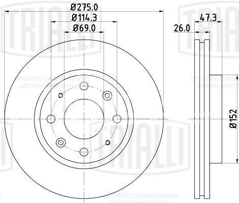 Диск тормозной для автомобилей Kia Cerato (04-) / Spectra (04-) передний d=275